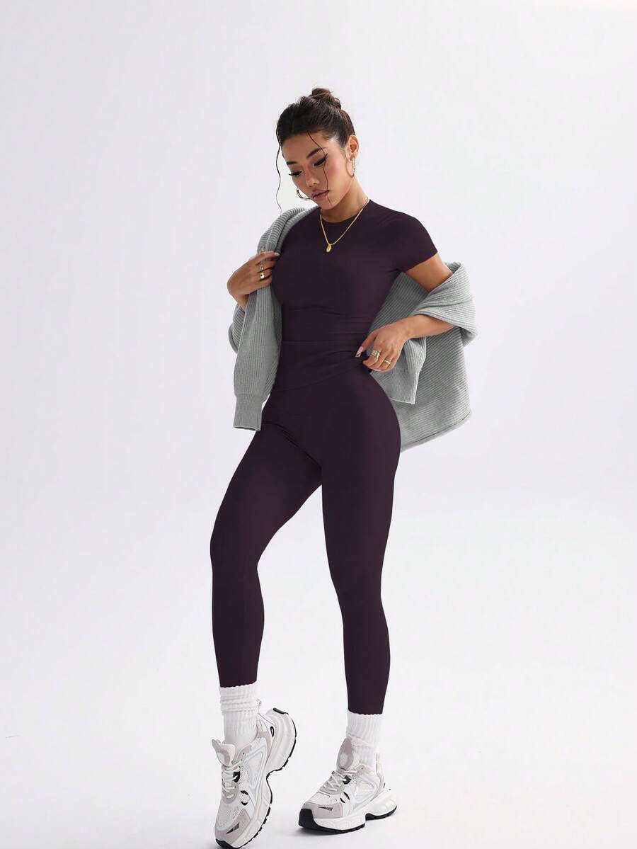 FWH Conjunto de Duas Peças Elegante e Básico para o Dia a Dia, com Top Sólido Fofo e Versátil, Cintura Alta, Ajustado, Elástico, Decote Redondo, Ideal para Dança, Corrida de Rua, Ioga, Controle da Barriga e Realce das Pernas e Bumbum, Ideal para Campus, F