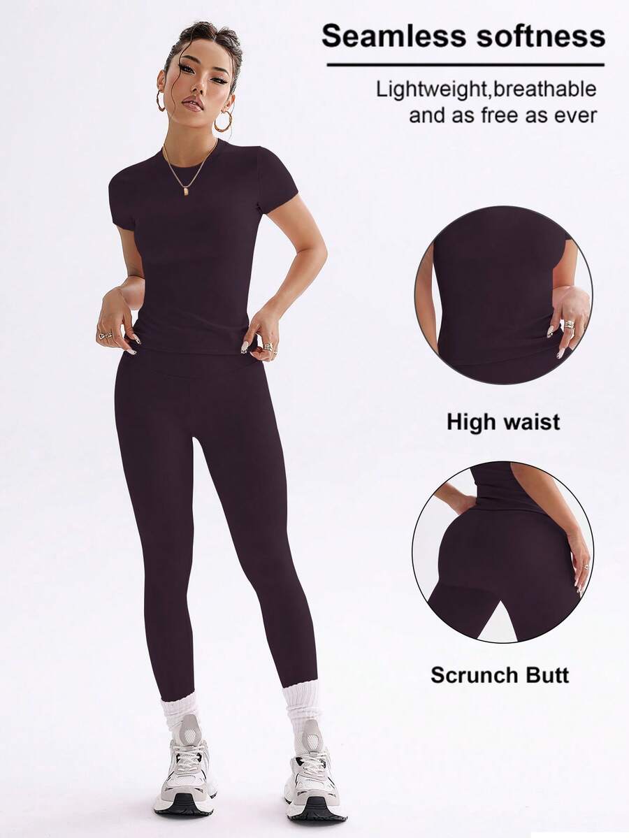 FWH Conjunto de Duas Peças Elegante e Básico para o Dia a Dia, com Top Sólido Fofo e Versátil, Cintura Alta, Ajustado, Elástico, Decote Redondo, Ideal para Dança, Corrida de Rua, Ioga, Controle da Barriga e Realce das Pernas e Bumbum, Ideal para Campus, F