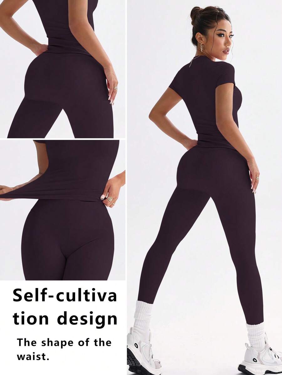 FWH Conjunto de Duas Peças Elegante e Básico para o Dia a Dia, com Top Sólido Fofo e Versátil, Cintura Alta, Ajustado, Elástico, Decote Redondo, Ideal para Dança, Corrida de Rua, Ioga, Controle da Barriga e Realce das Pernas e Bumbum, Ideal para Campus, F