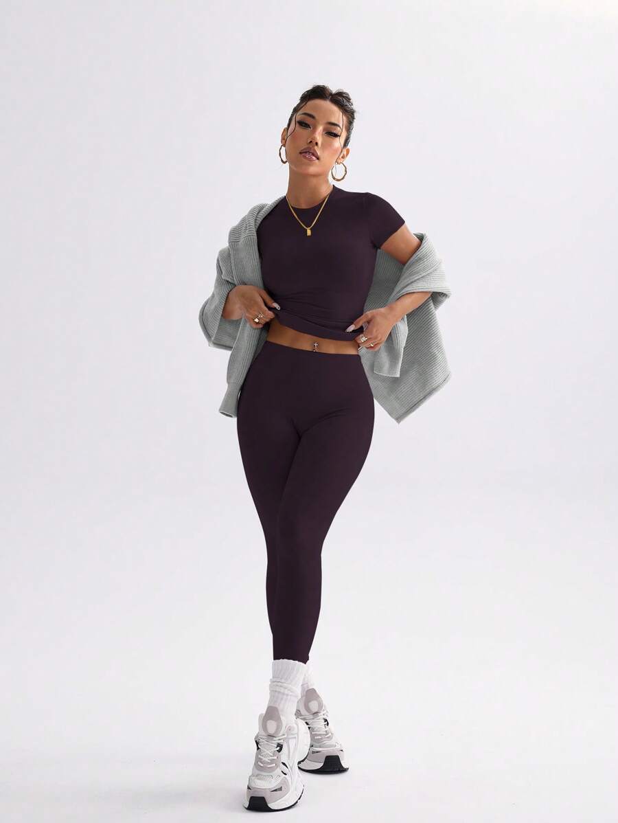 FWH Conjunto de Duas Peças Elegante e Básico para o Dia a Dia, com Top Sólido Fofo e Versátil, Cintura Alta, Ajustado, Elástico, Decote Redondo, Ideal para Dança, Corrida de Rua, Ioga, Controle da Barriga e Realce das Pernas e Bumbum, Ideal para Campus, F