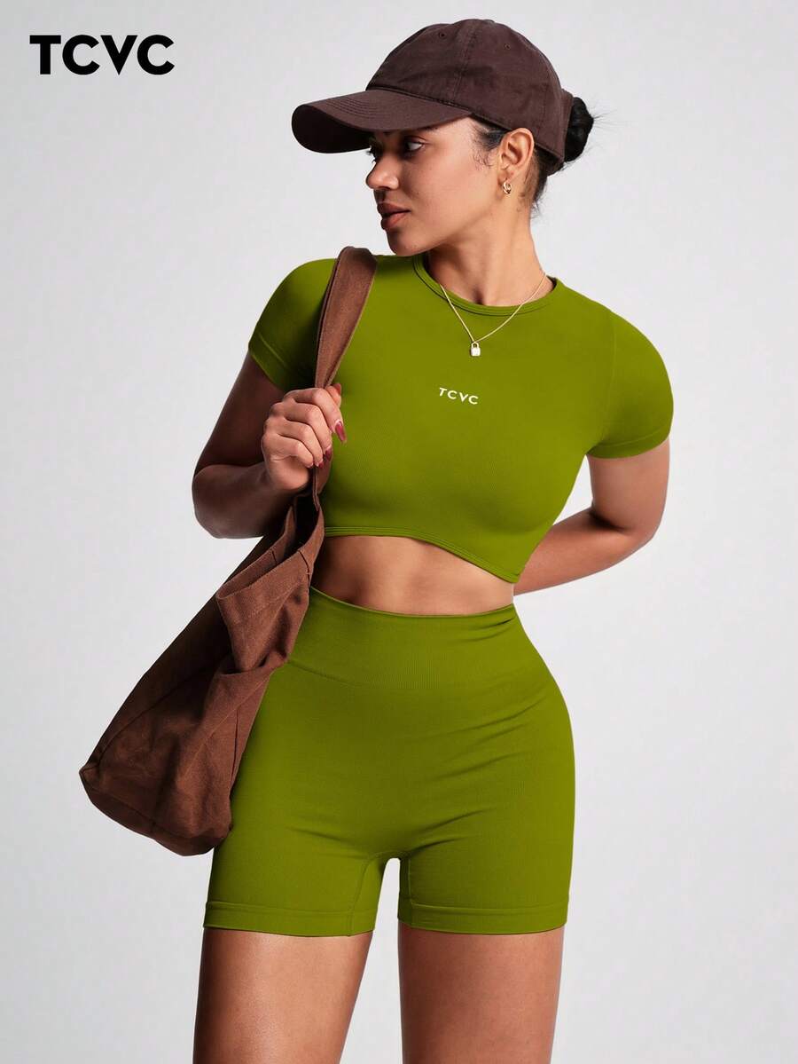 TCVC Conjunto de Camiseta de Manga Curta e Shorts Esportivos de Alta Elasticidade para Mulheres, Gola Redonda Sem Costura, Cintura Alta com Controle da Barriga e Bumbum Empinado, Tecido Amigável à Pele, Modelagem Justa, Versátil e Casual, Adequado para To