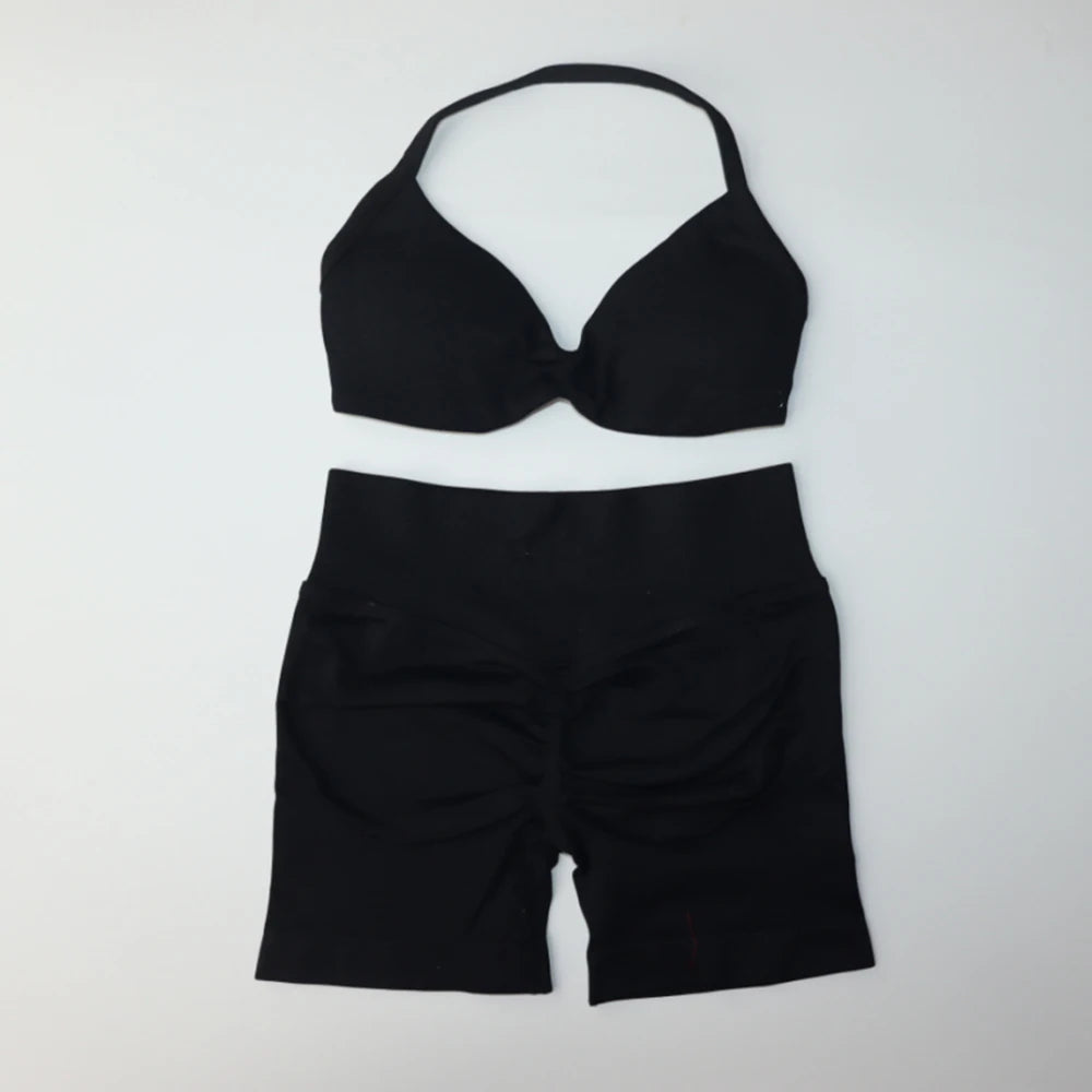 NO LOGO Gym Set 2 PCS Women Strappy Yoga Bra Top Workout Scrunch Shorts Sports Suit Fitness Clothes Seamless Outfits Yoga Set
