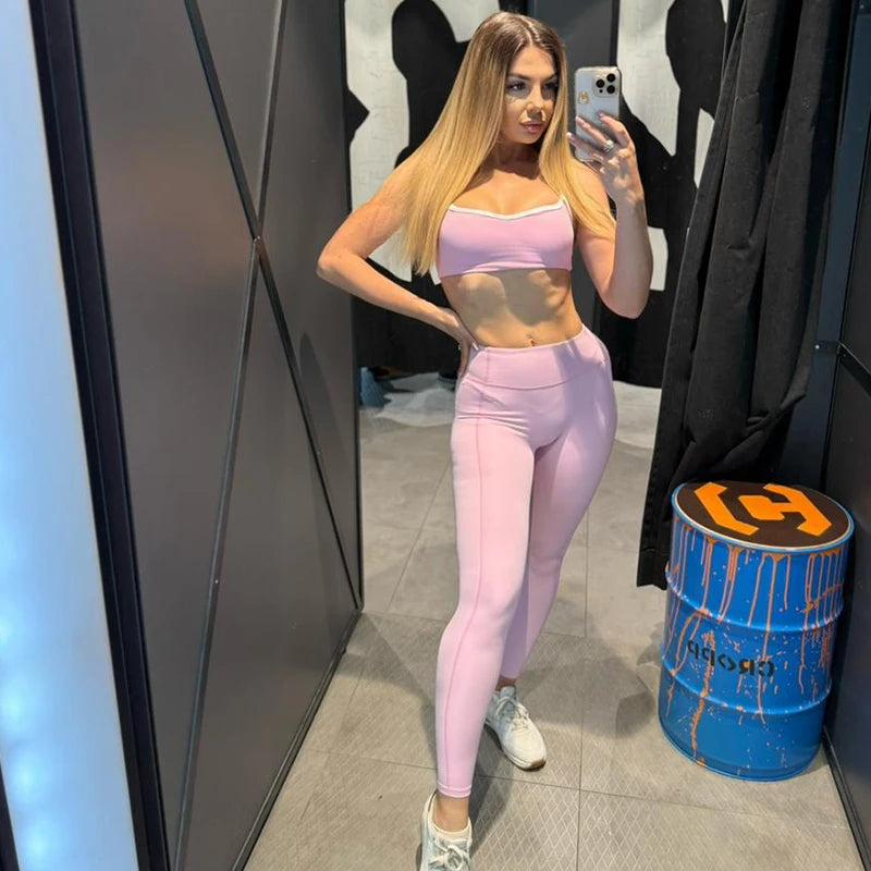 SVEIC Gym Set Contrasting Color Sports Bra Suits Fitness High Waisted Leggings Sportswear Workout Running Training Yoga Clothing