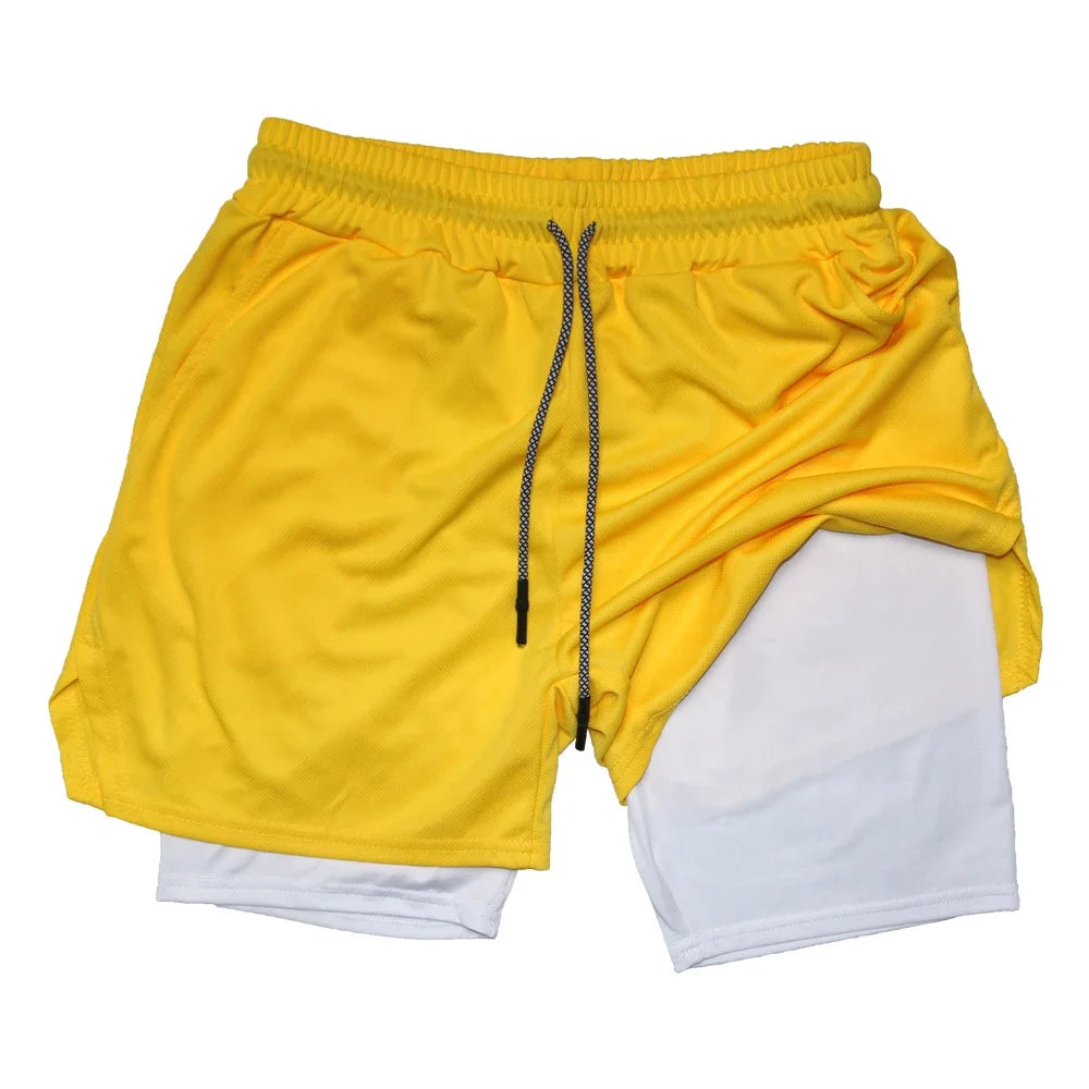 Pantalones cortos deportivos de doble capa para hombre, pantalones cortos deportivos 2 en 1 para entrenamiento de gimnasia, entrenamiento de secado rápido, trote, doble cubierta, verano