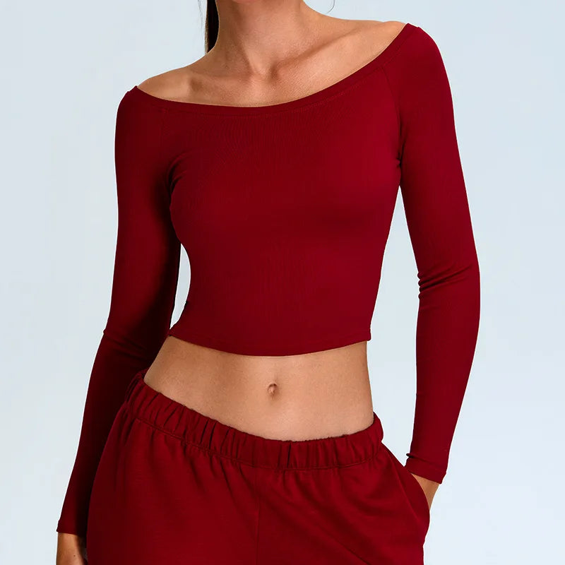 Off-shoulder yoga T-shirts met lange mouwen dames effen sporttop gym workout hardloopshirts sexy sneldrogende fitness gym sportkleding