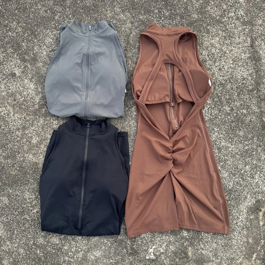 Solid color Back Waist Scrunch Backless  Yoga Jumpsuit Short Set Women Zipper Sportswear Fitness One Piece Sports Suit Workout