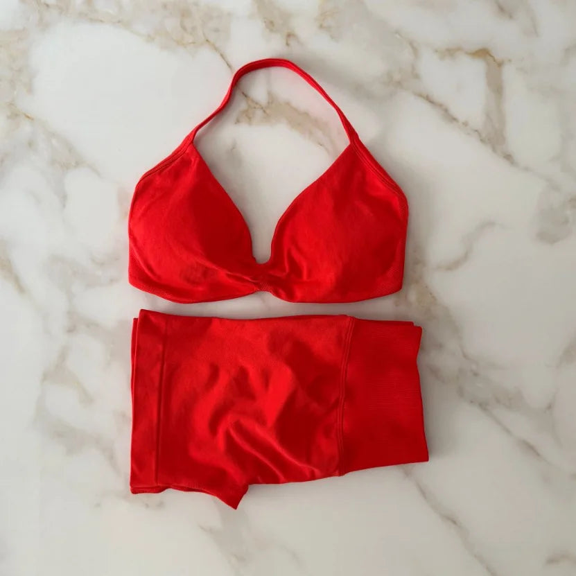 NO LOGO Gym Set 2 PCS Women Strappy Yoga Bra Top Workout Scrunch Shorts Sports Suit Fitness Clothes Seamless Outfits Yoga Set