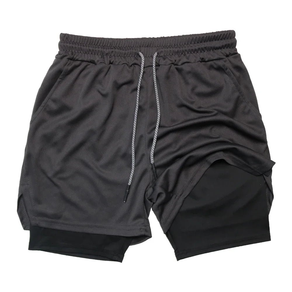 Pantalones cortos deportivos de doble capa para hombre, pantalones cortos deportivos 2 en 1 para entrenamiento de gimnasia, entrenamiento de secado rápido, trote, doble cubierta, verano