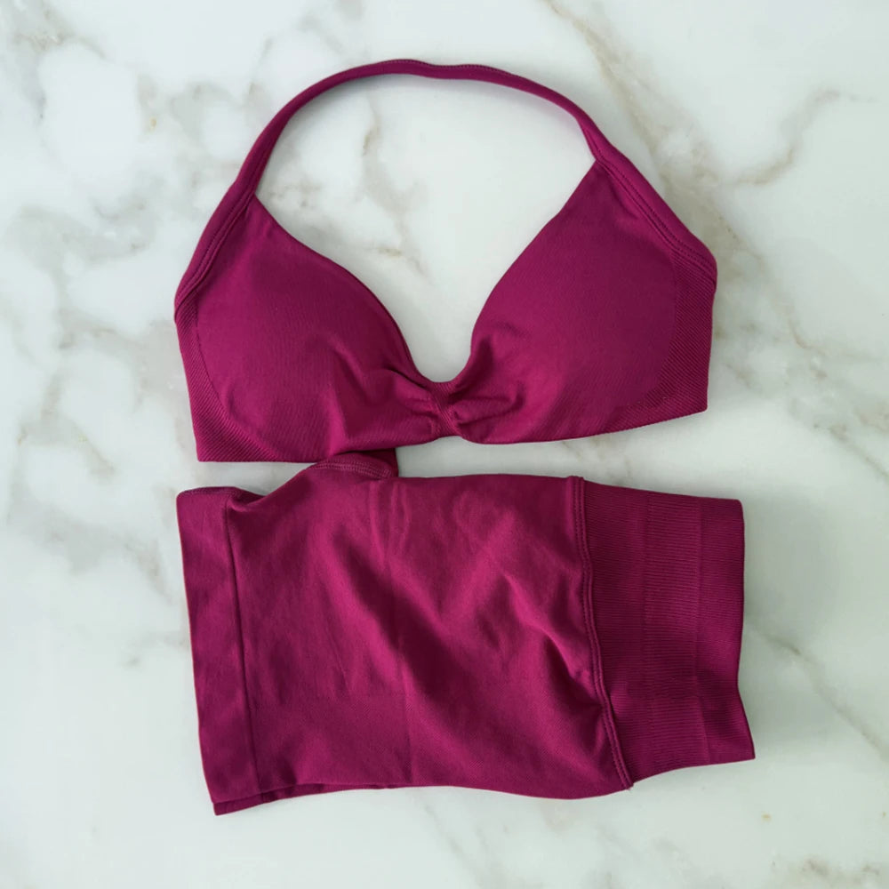 NO LOGO Gym Set 2 PCS Women Strappy Yoga Bra Top Workout Scrunch Shorts Sports Suit Fitness Clothes Seamless Outfits Yoga Set