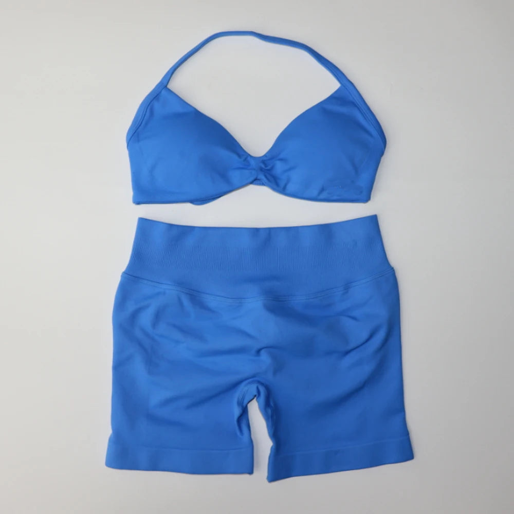 NO LOGO Gym Set 2 PCS Women Strappy Yoga Bra Top Workout Scrunch Shorts Sports Suit Fitness Clothes Seamless Outfits Yoga Set