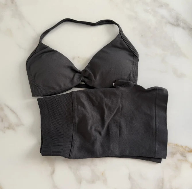 NO LOGO Gym Set 2 PCS Women Strappy Yoga Bra Top Workout Scrunch Shorts Sports Suit Fitness Clothes Seamless Outfits Yoga Set