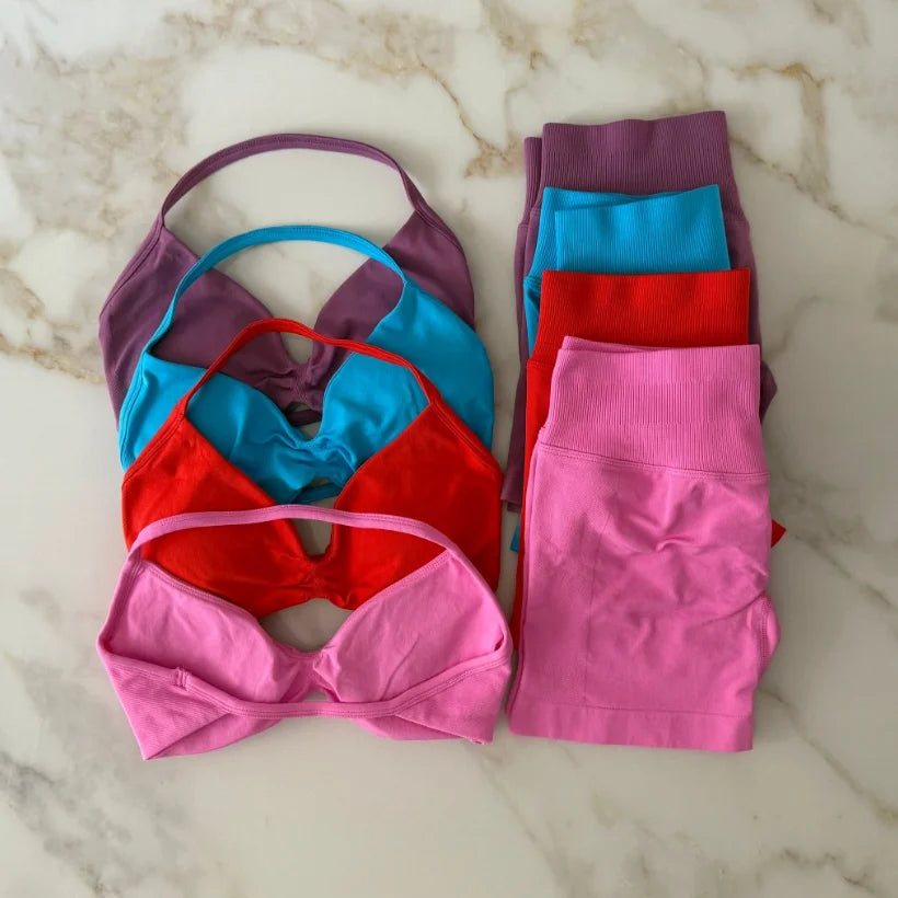 NO LOGO Gym Set 2 PCS Women Strappy Yoga Bra Top Workout Scrunch Shorts Sports Suit Fitness Clothes Seamless Outfits Yoga Set