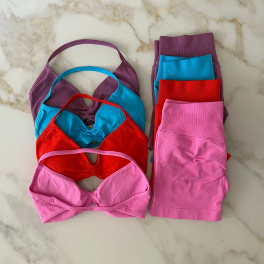NO LOGO Gym Set 2 PCS Women Strappy Yoga Bra Top Workout Scrunch Shorts Sports Suit Fitness Clothes Seamless Outfits Yoga Set