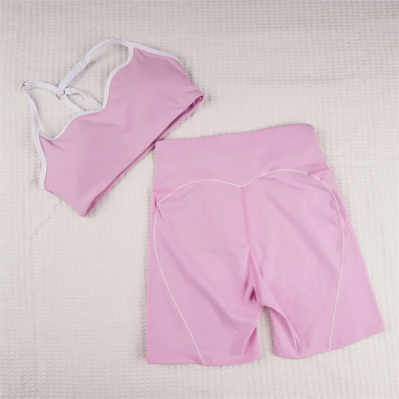 SVEIC Gym Set Contrasting Color Sports Bra Suits Fitness High Waisted Leggings Sportswear Workout Running Training Yoga Clothing