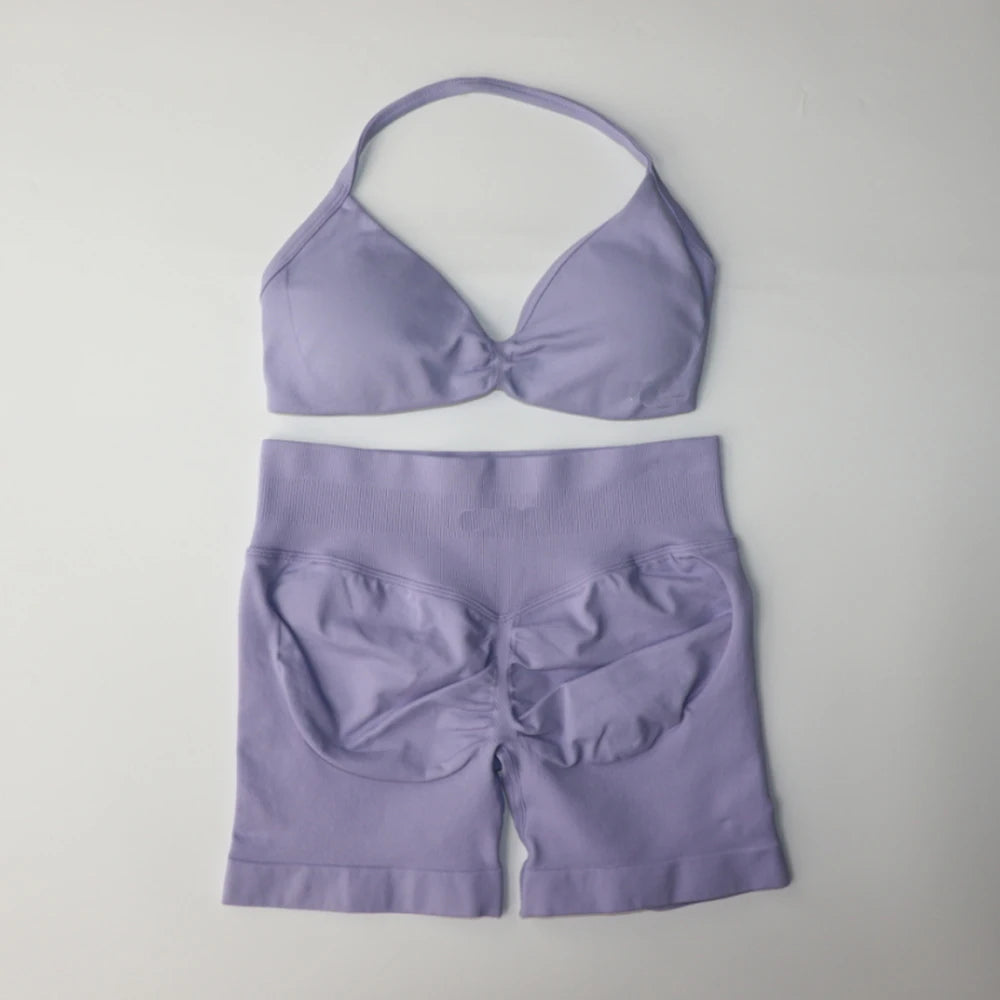 NO LOGO Gym Set 2 PCS Women Strappy Yoga Bra Top Workout Scrunch Shorts Sports Suit Fitness Clothes Seamless Outfits Yoga Set
