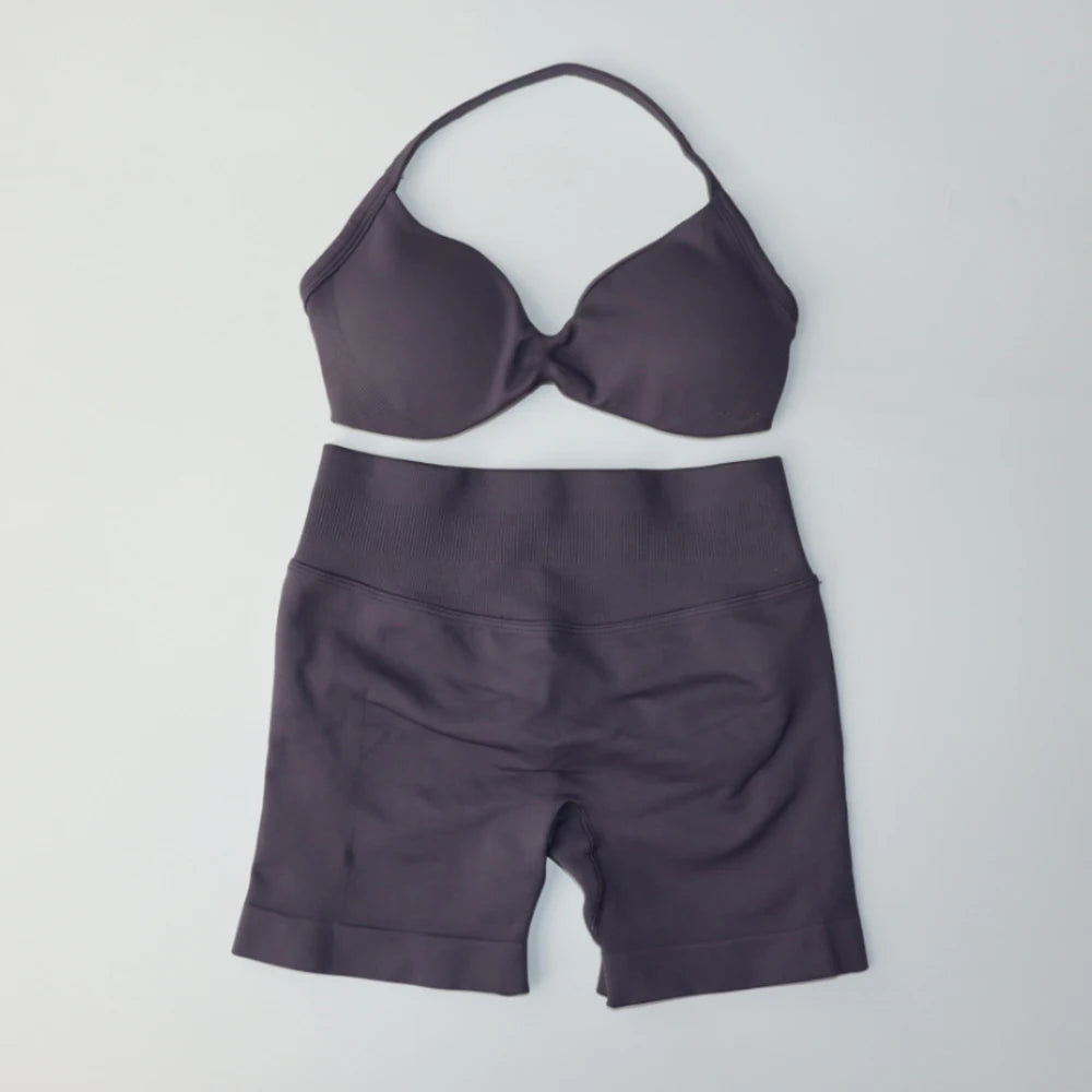NO LOGO Gym Set 2 PCS Women Strappy Yoga Bra Top Workout Scrunch Shorts Sports Suit Fitness Clothes Seamless Outfits Yoga Set