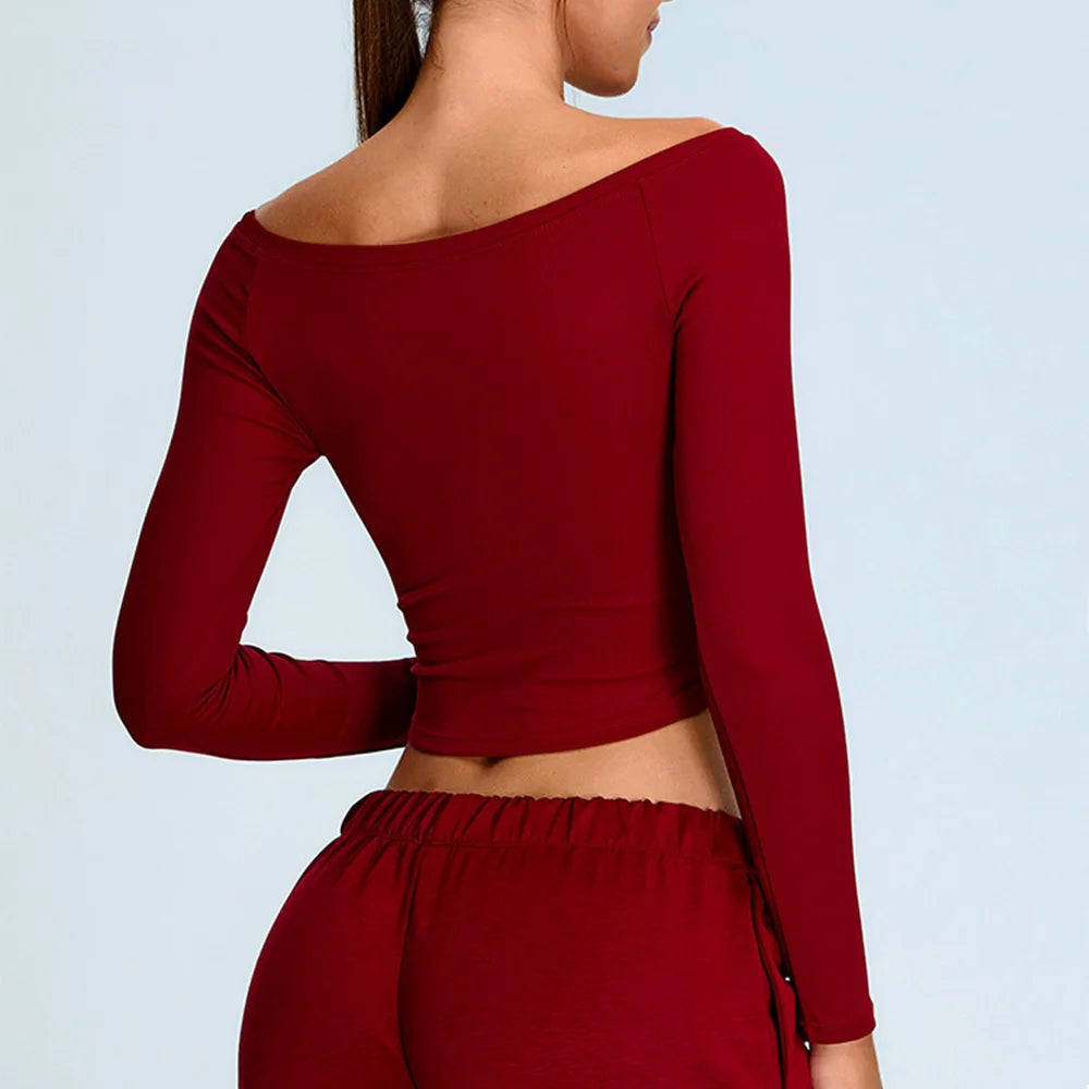 Off-shoulder yoga T-shirts met lange mouwen dames effen sporttop gym workout hardloopshirts sexy sneldrogende fitness gym sportkleding