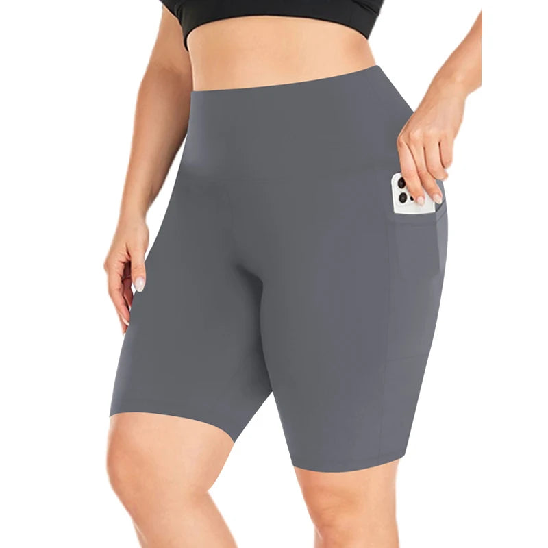 VITALINOVO Women Plus Size Biker Shorts with Pockets High Waist Tummy Control Shorts for Yoga Workout Running Volleyball Shorts