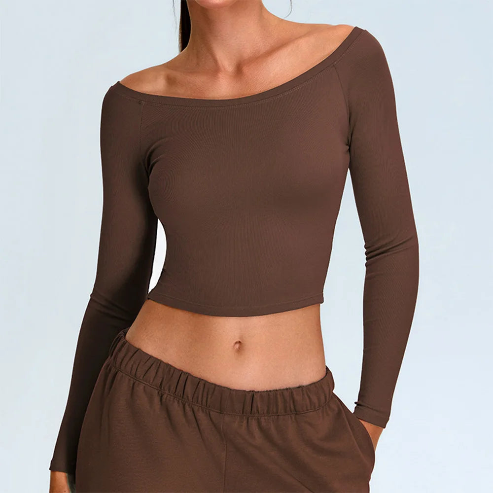 Off-shoulder yoga T-shirts met lange mouwen dames effen sporttop gym workout hardloopshirts sexy sneldrogende fitness gym sportkleding