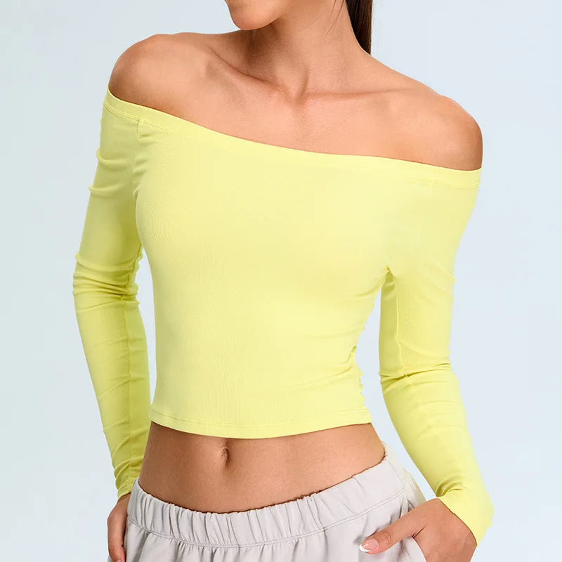 Off-shoulder yoga T-shirts met lange mouwen dames effen sporttop gym workout hardloopshirts sexy sneldrogende fitness gym sportkleding