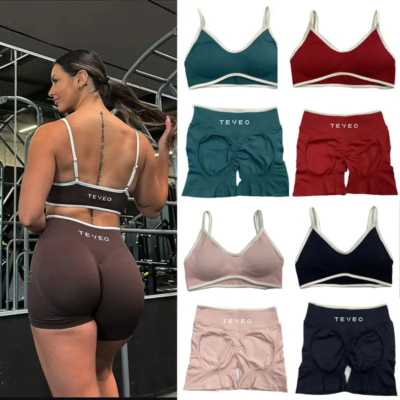 TEVEO Women's Sports Yoga Shorts Fitness Cycling Elastic Sports Pants Ignite Sculpt Scrunch Short Yoga Bra Set