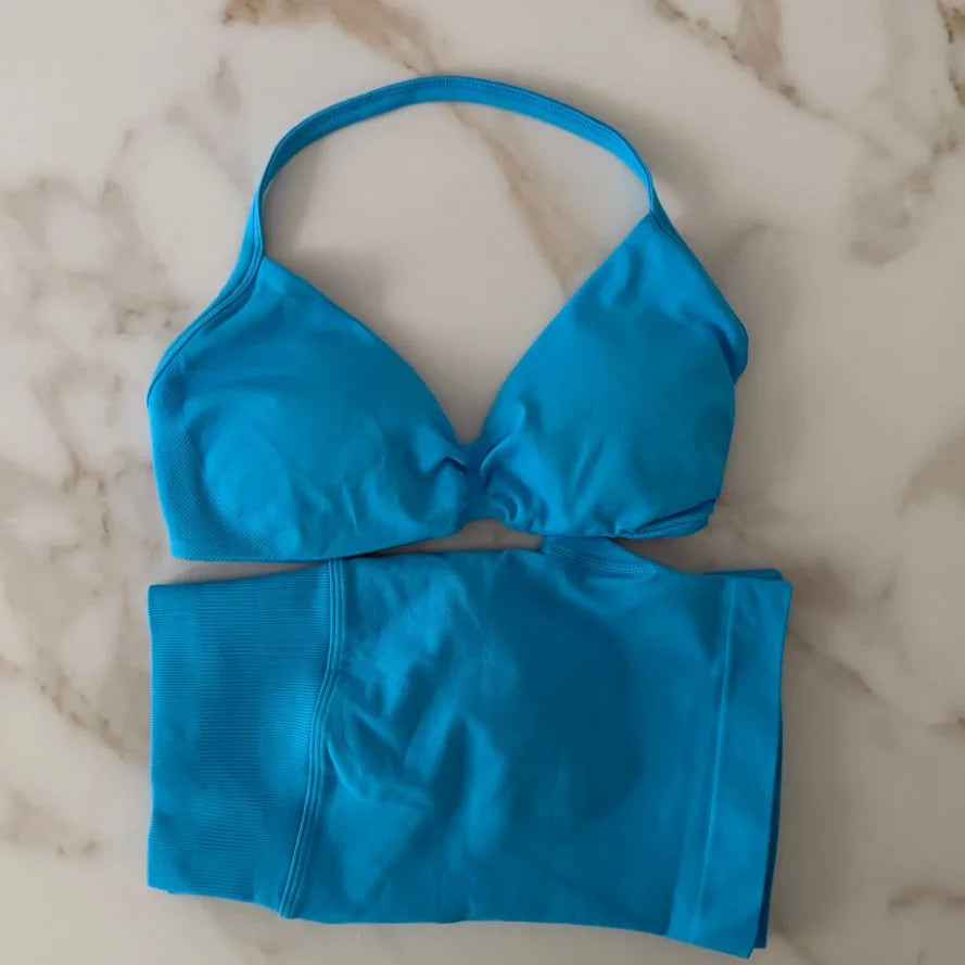 NO LOGO Gym Set 2 PCS Women Strappy Yoga Bra Top Workout Scrunch Shorts Sports Suit Fitness Clothes Seamless Outfits Yoga Set