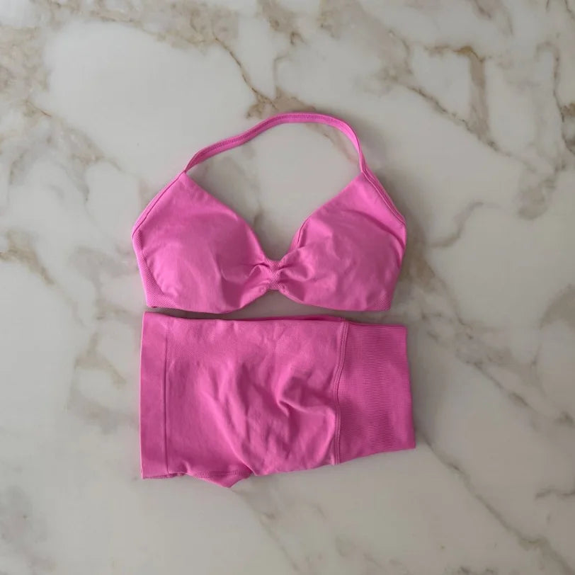 NO LOGO Gym Set 2 PCS Women Strappy Yoga Bra Top Workout Scrunch Shorts Sports Suit Fitness Clothes Seamless Outfits Yoga Set