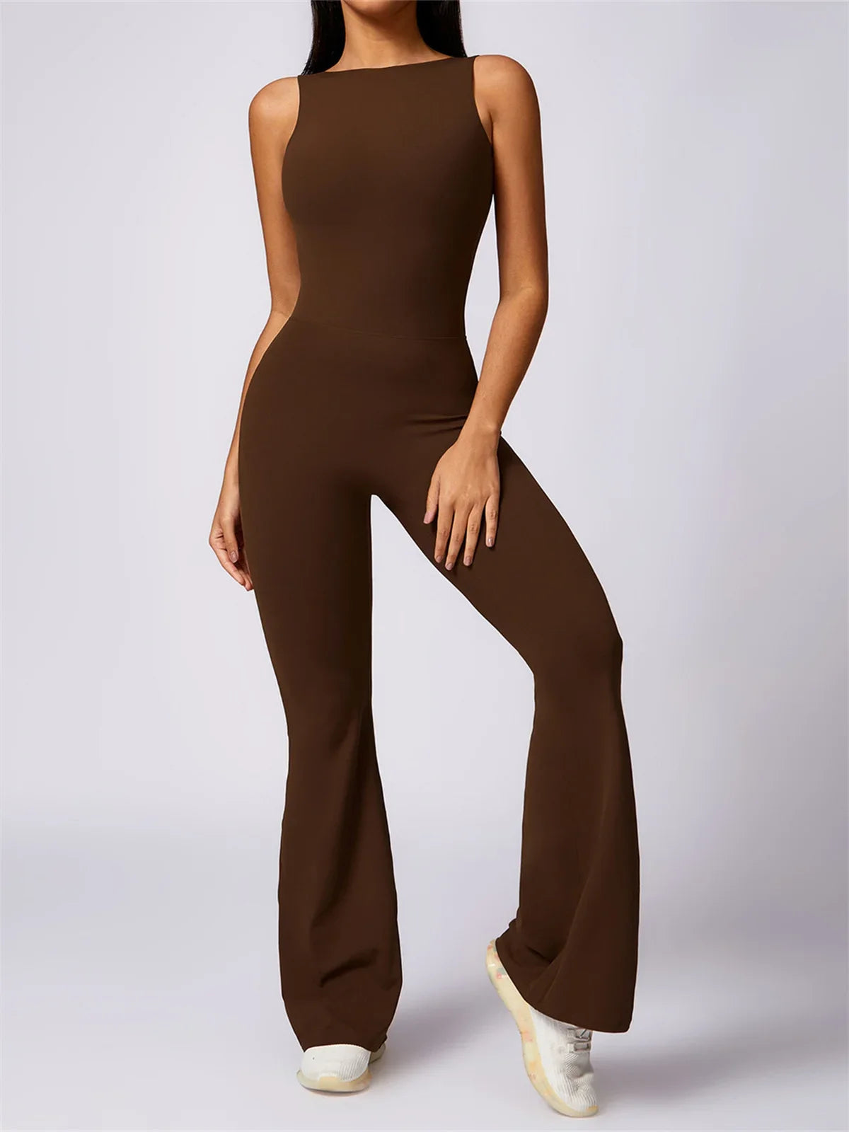 Hollow Out Backless One Piece Yoga Jumpsuit Women Sport Sleeveless Fitness Gym Suit Workout Exercise Skinny Flare Bodysuits