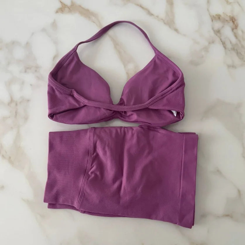 NO LOGO Gym Set 2 PCS Women Strappy Yoga Bra Top Workout Scrunch Shorts Sports Suit Fitness Clothes Seamless Outfits Yoga Set