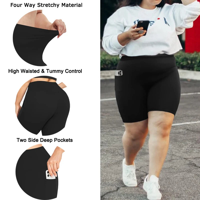 VITALINOVO Women Plus Size Biker Shorts with Pockets High Waist Tummy Control Shorts for Yoga Workout Running Volleyball Shorts