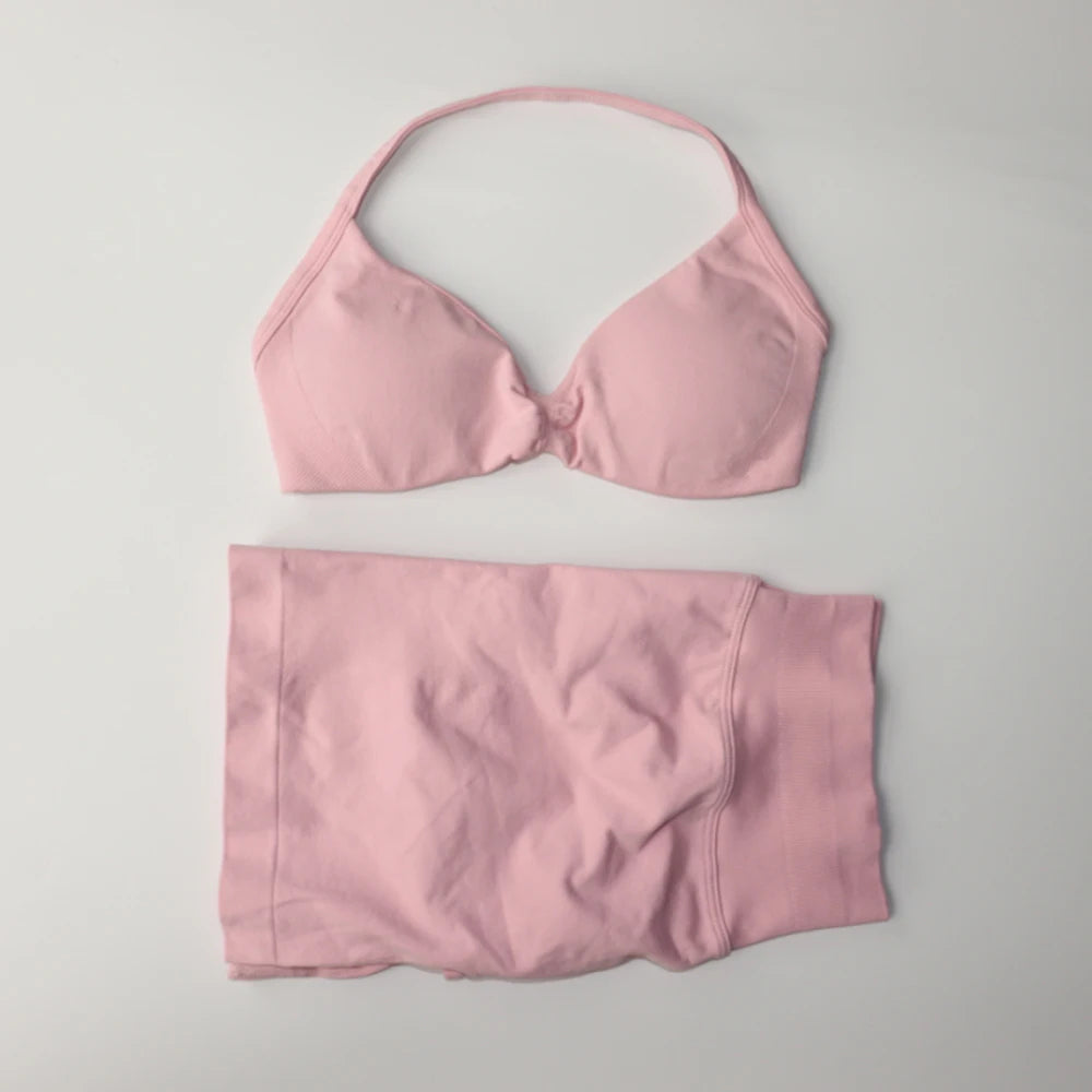 NO LOGO Gym Set 2 PCS Women Strappy Yoga Bra Top Workout Scrunch Shorts Sports Suit Fitness Clothes Seamless Outfits Yoga Set