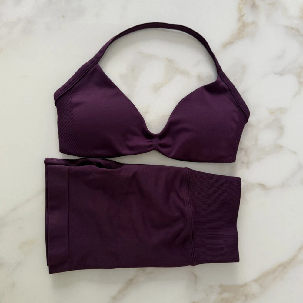 NO LOGO Gym Set 2 PCS Women Strappy Yoga Bra Top Workout Scrunch Shorts Sports Suit Fitness Clothes Seamless Outfits Yoga Set
