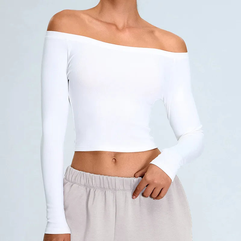 Off-shoulder yoga T-shirts met lange mouwen dames effen sporttop gym workout hardloopshirts sexy sneldrogende fitness gym sportkleding