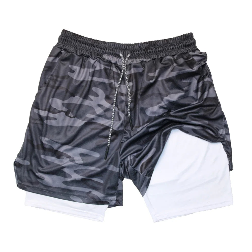 Pantalones cortos deportivos de doble capa para hombre, pantalones cortos deportivos 2 en 1 para entrenamiento de gimnasia, entrenamiento de secado rápido, trote, doble cubierta, verano