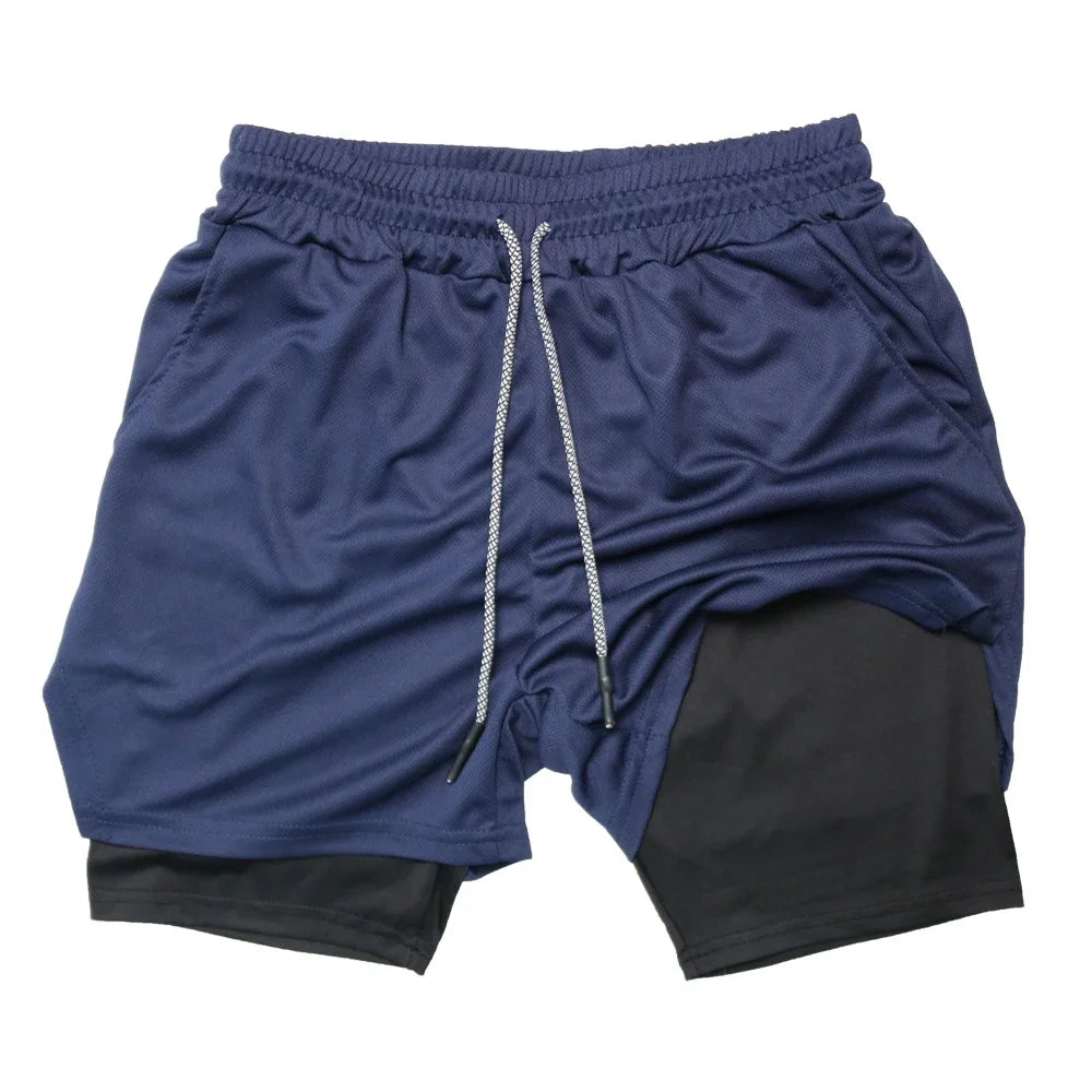 Pantalones cortos deportivos de doble capa para hombre, pantalones cortos deportivos 2 en 1 para entrenamiento de gimnasia, entrenamiento de secado rápido, trote, doble cubierta, verano