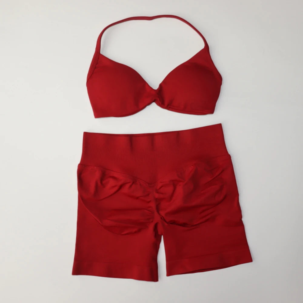 NO LOGO Gym Set 2 PCS Women Strappy Yoga Bra Top Workout Scrunch Shorts Sports Suit Fitness Clothes Seamless Outfits Yoga Set