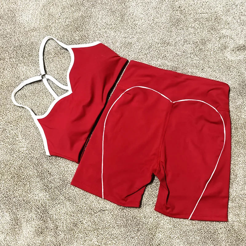 SVEIC Gym Set Contrasting Color Sports Bra Suits Fitness High Waisted Leggings Sportswear Workout Running Training Yoga Clothing