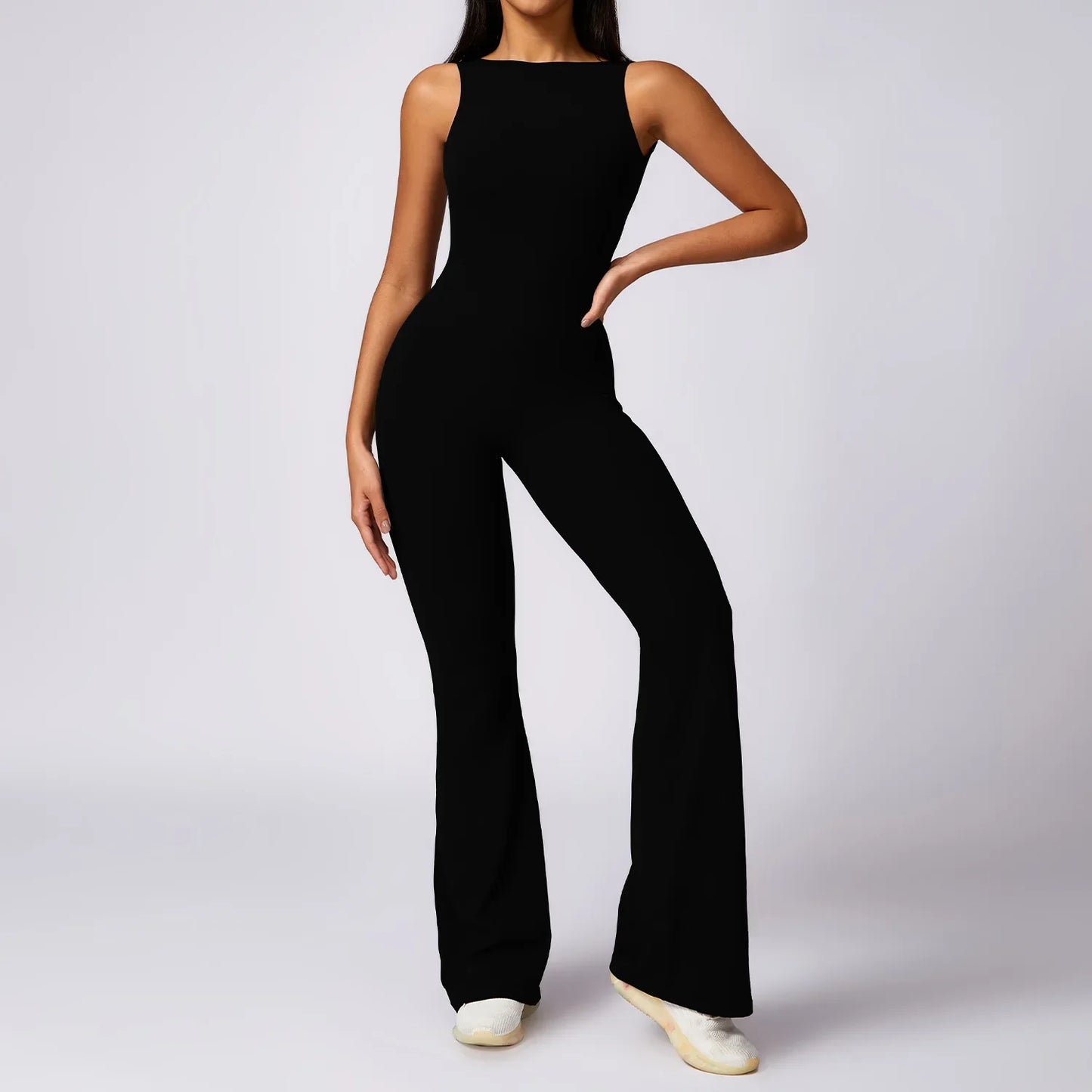 Hollow Out Backless One Piece Yoga Jumpsuit Women Sport Sleeveless Fitness Gym Suit Workout Exercise Skinny Flare Bodysuits