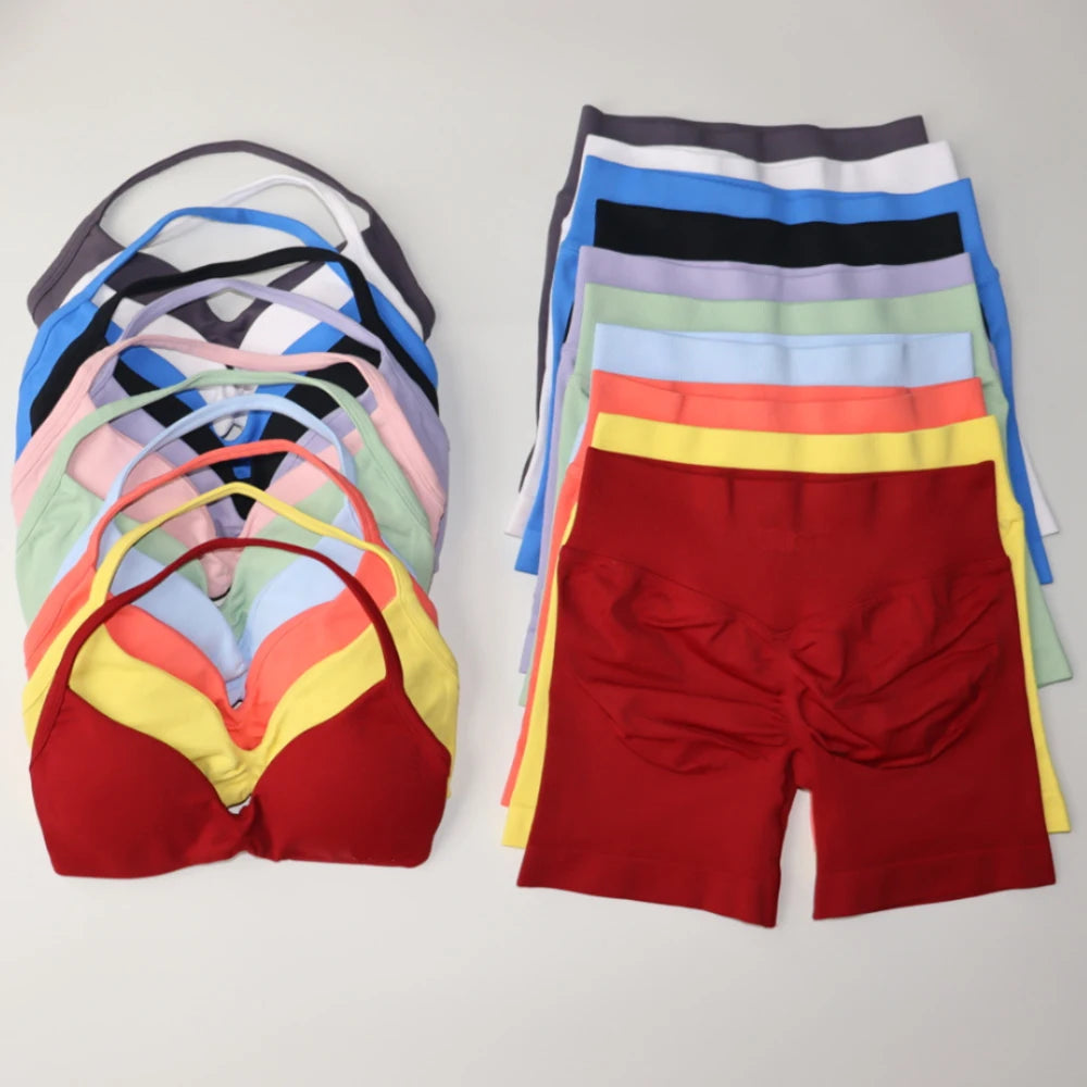 NO LOGO Gym Set 2 PCS Women Strappy Yoga Bra Top Workout Scrunch Shorts Sports Suit Fitness Clothes Seamless Outfits Yoga Set