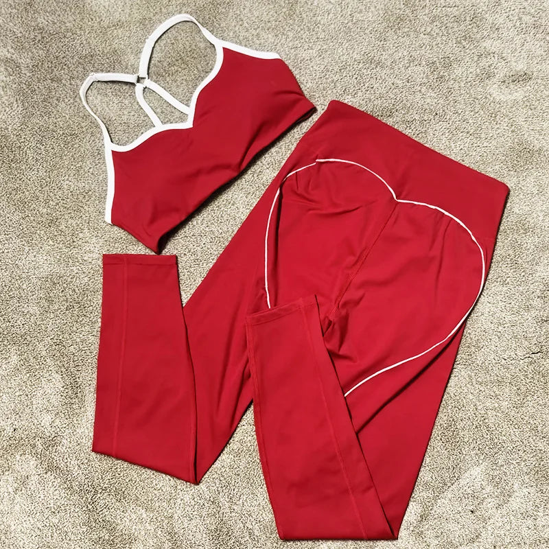 SVEIC Gym Set Contrasting Color Sports Bra Suits Fitness High Waisted Leggings Sportswear Workout Running Training Yoga Clothing