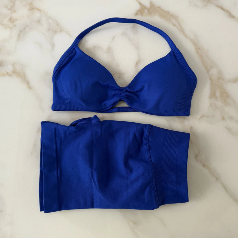 NO LOGO Gym Set 2 PCS Women Strappy Yoga Bra Top Workout Scrunch Shorts Sports Suit Fitness Clothes Seamless Outfits Yoga Set