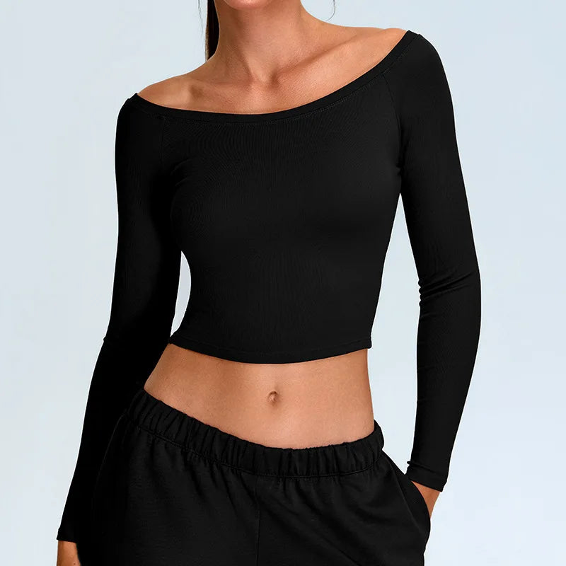 Off-shoulder yoga T-shirts met lange mouwen dames effen sporttop gym workout hardloopshirts sexy sneldrogende fitness gym sportkleding