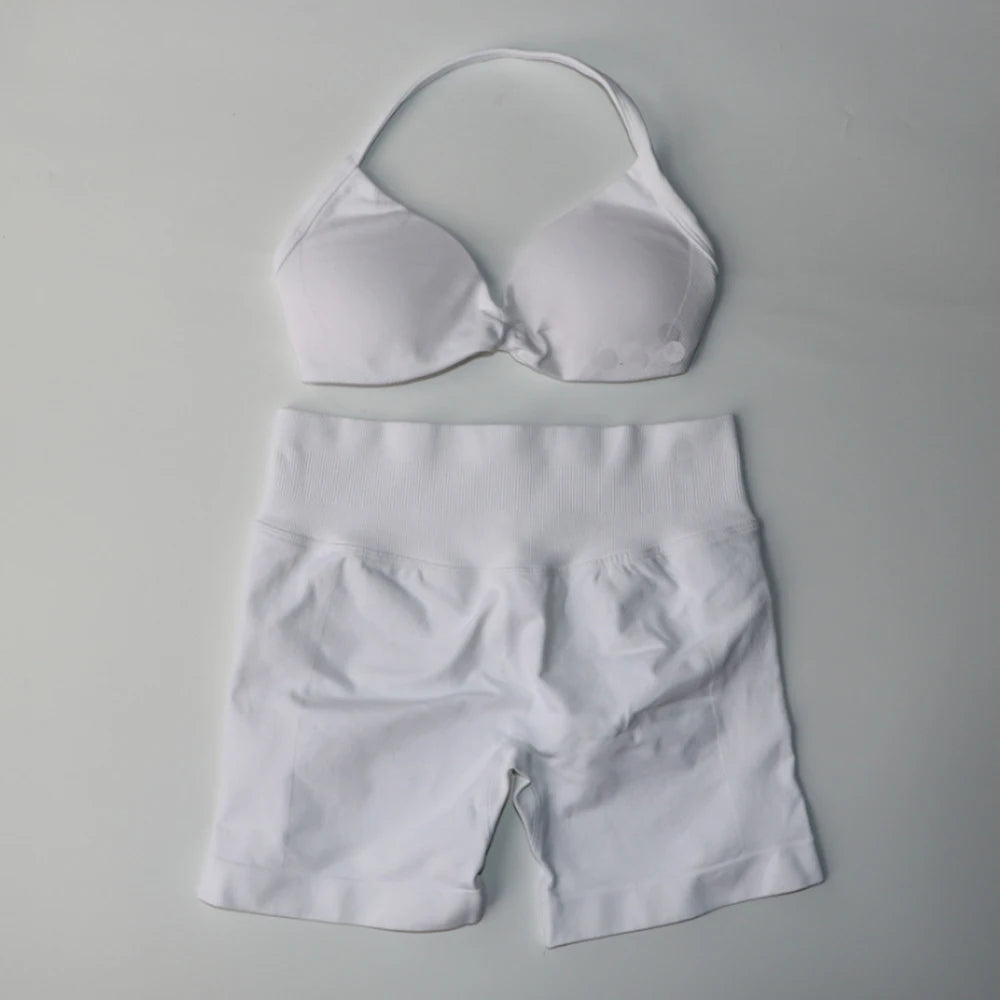 NO LOGO Gym Set 2 PCS Women Strappy Yoga Bra Top Workout Scrunch Shorts Sports Suit Fitness Clothes Seamless Outfits Yoga Set