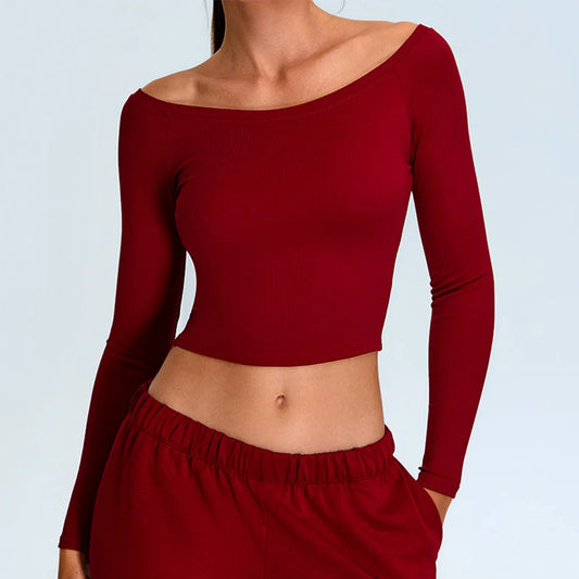 Off-shoulder yoga T-shirts met lange mouwen dames effen sporttop gym workout hardloopshirts sexy sneldrogende fitness gym sportkleding
