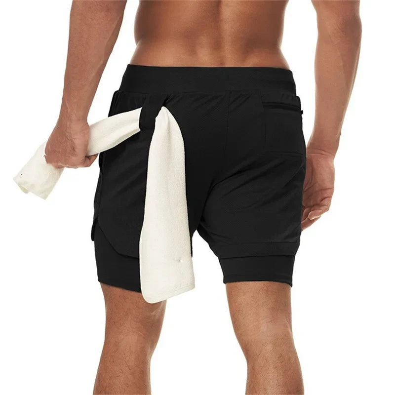 Pantalones cortos deportivos de doble capa para hombre, pantalones cortos deportivos 2 en 1 para entrenamiento de gimnasia, entrenamiento de secado rápido, trote, doble cubierta, verano