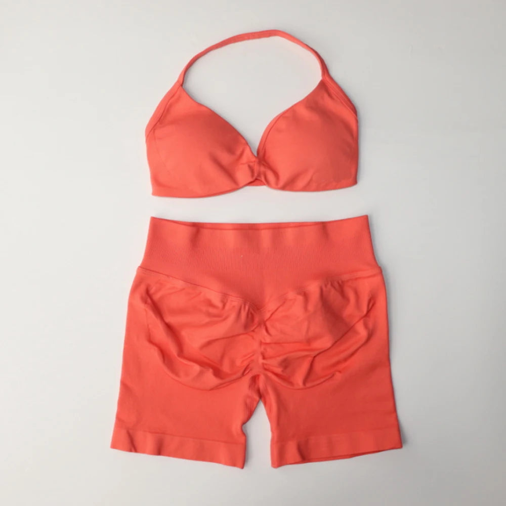 NO LOGO Gym Set 2 PCS Women Strappy Yoga Bra Top Workout Scrunch Shorts Sports Suit Fitness Clothes Seamless Outfits Yoga Set